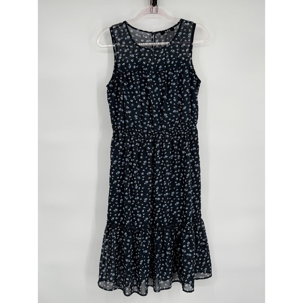 ABS Floral Navy Blue Ruffle Midi Dress Sleeveless Summer Party Sun Dress Sz‎ M